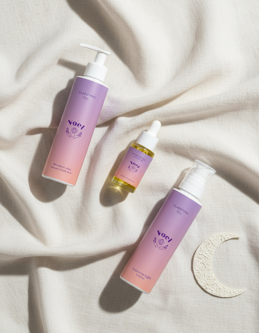 Speelse productfoto Voel skincare met geplooid linnen en maan